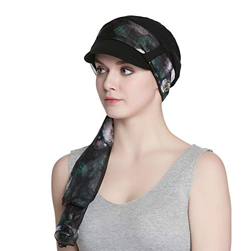 Alnorm Breathable Cotton Hat and Scarf Set Chemo Headwear for Women - color: Black Rose