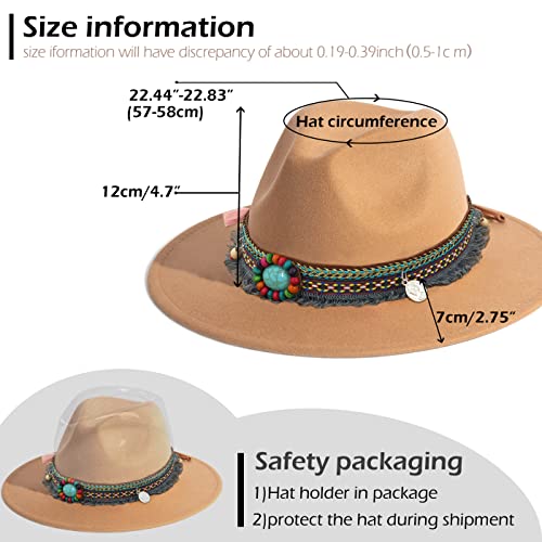 Women's Felt Fedora Hat Wide Brim Panama Hats with Tassel - color: Z Belt Camel