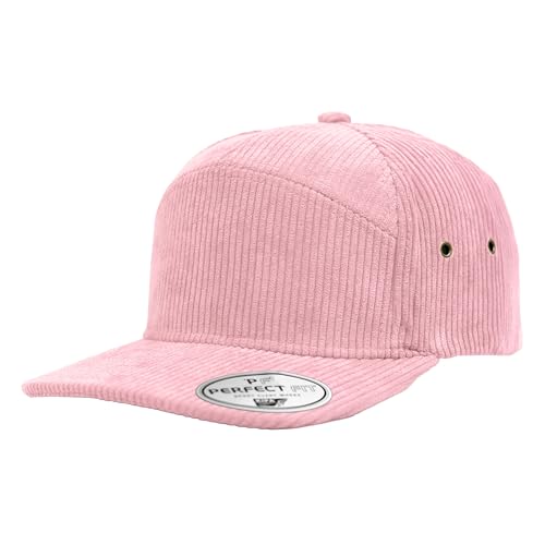 7 Panel Corduroy Cap – Structured Cotton Snapback Flat Bill Adjustable Unisex Streetwear Hat - color: Light Pink
