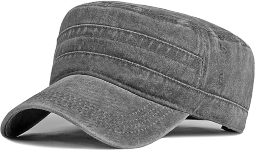 Cadet Army Cap Washed Military Army Hat Vintage Flat Top Hat for Women Men - color: Grey