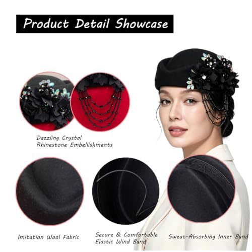 Women's Retro British Felt Headscarf Hat Church Derby Headdress with Floral Women's Soft Beret - color: 02 Black