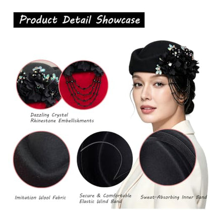 Women's Retro British Felt Headscarf Hat Church Derby Headdress with Floral Women's Soft Beret - color: 02 Black