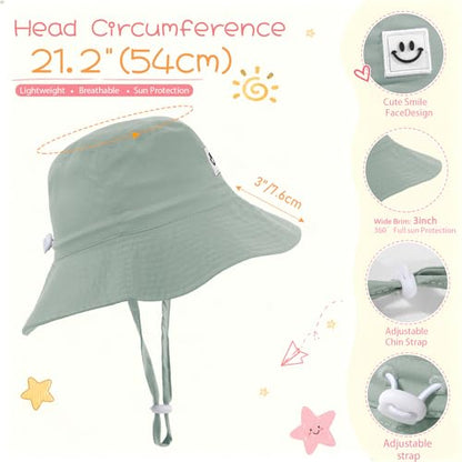 Kids Sun Hat Smile Face Bucket Hat Toddler Hat Wide Brim Adjustable Strap - color: Navy Blue+pea Green, size: 3-8T