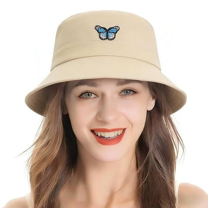ZLYC Cotton Bucket Hat for Women Men Embroidered Packable Summer Sun Cap - color: Butterfly Khaki