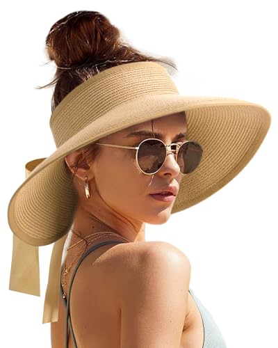 Camptrace Women's Straw Sun Visor Hat UPF Wide Shade Ponytail Summer Hat - color: 01-popular Choice Khaki