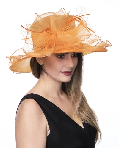 Haojing Women's Organza Church British Fascinator Bridal Tea Party Wedding Hat Summer Ruffles Cap - color: Hj23-orange