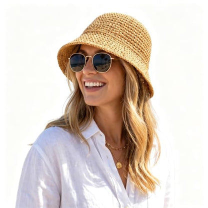 Avxdbr Womens Sun Hat Crochet Straw Bucket Hat Wide-Brimmed Beach Cap