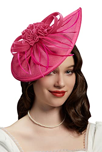 Pillbox Hats 20s 50s Vintage Fascinators for Women Tea Party Hats with Feather Mesh Veil Headband - color: F-rose