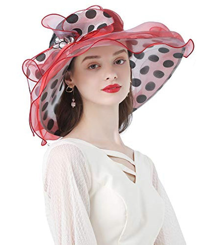 Z&X Organza Church Fascinator Wedding Tea Party Derby Hats for Women Flower Wide Brim Sun Hats - color: 05a Red