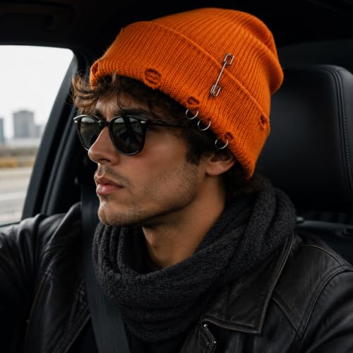 Distressed Ring Beanie Hat for Women Men Slouchy Skull Cap - color: Orange
