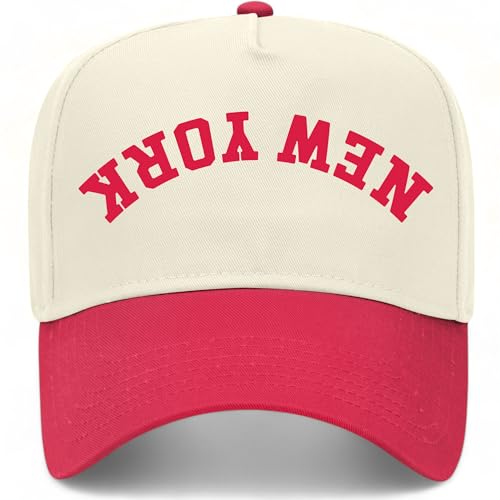 New York Upside Down Reversed Vintage Trucker Hat | Premium Snapback Baseball Hat for Men & Women - color: Red/Natural
