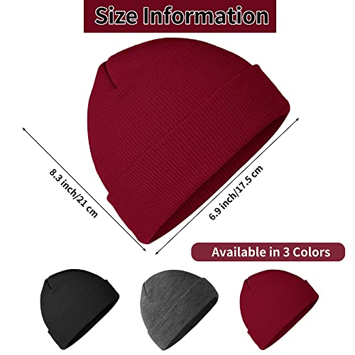 Cooraby 3 Pack Unisex Winter Skull Cap Beanies Knitted Cuff Hats Caps Roll-up Edge Beanie Hats for Men Women Outdoors - color: Black, Heather Grey, Jujube Red