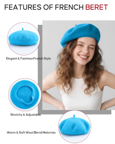 French Beret Hats for Women - Wool Solid Color Beanie Cap - color: Turquoise Blue