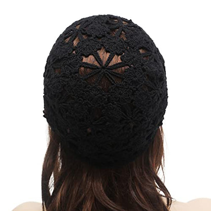 ZLYC Women Summer Slouchy Crochet Hat Handmade Cutout Skull Cap with Visor - color: Plain Black, size: One Size