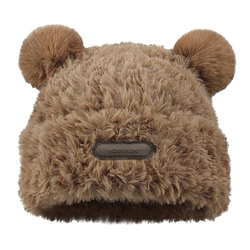 Cute Fuzzy Bear Ears Beanie Hat with Pompom Women's Furry Beanie - color: Khaki