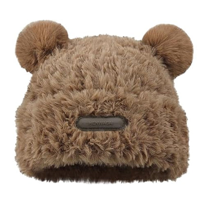 Cute Fuzzy Bear Ears Beanie Hat with Pompom Women's Furry Beanie - color: Khaki