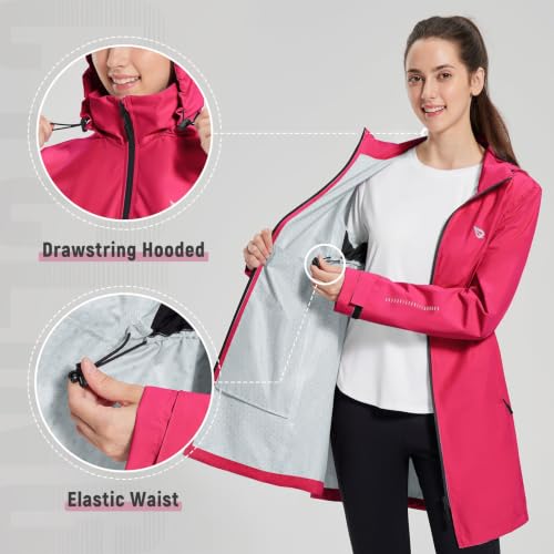 baleaf Women's Long Rain Coat Lightweight Packable Jacket with Hood - color: Rose Red, size: XX-Large