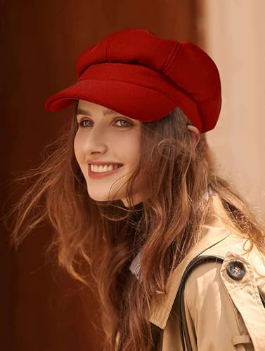Women’s Newsboy Cap Wool Blend Retro Solid Color Girls Fashion Gatsby Cabbie Visor Beret Hat - color: Red