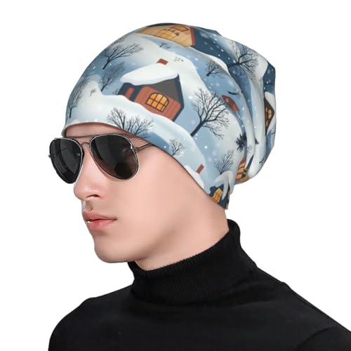 Beanie Hat for Men Women Slouchy Beanie Skull Sleep Cap Soft Lightweight Chemo Hat Stretch Cancer Headwear - color: Winter Village