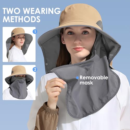 Outdoor Sun Hat Detachable Neck Face Flap UPF 50+UV Protection Visor Fishing Hats with Neck Flap for Men & Women - color: Khaki