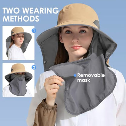 Outdoor Sun Hat Detachable Neck Face Flap UPF 50+UV Protection Visor Fishing Hats with Neck Flap for Men & Women - color: Khaki