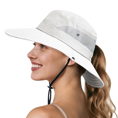 NPQQUAN Ponytail Sun Hats for Women UPF 50+ Wide Visor UV Protection Hat - color: Pure Beige(ponytail Hole)