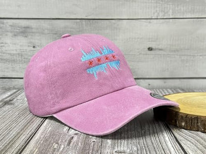 America State City Flag Hats - color: Chicago Illinois Skyline Flag (Washed Pink)