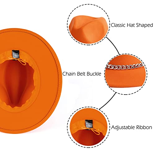 Women Men Wide Brim Fedoran Hat with Chain Belt Buckle - color: Orange