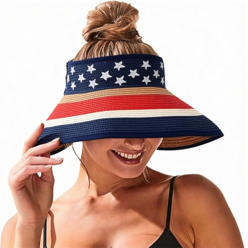 Women Sun Visors Wide Brim Foldable Packable Ponytail Beach Hat Straw Leopard Roll Up Bow Visor Sun Hats - color: Flag