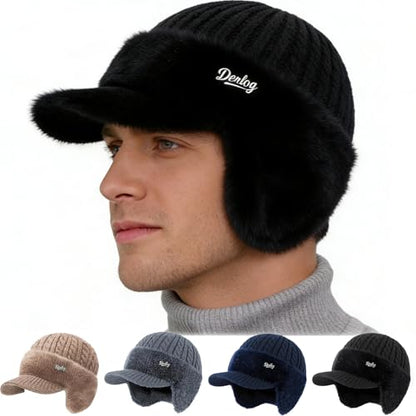 Winter Trapper Beanie Hats for Women Men, Fleece Lined Knit Hat with Brim Ear Flaps, Ear Warmers Cold Cap - color: Black