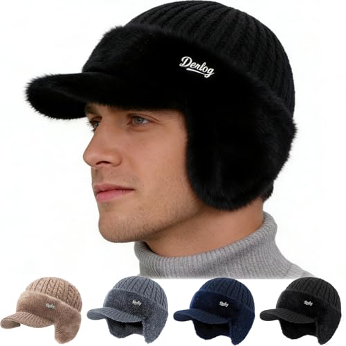 Winter Trapper Beanie Hats for Women Men, Fleece Lined Knit Hat with Brim Ear Flaps, Ear Warmers Cold Cap - color: Black