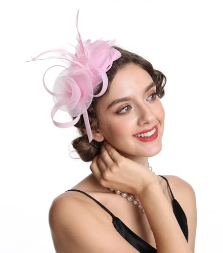 SAFERIN Women's Fascinators Feathers Tea Party Hat Veil Headband with Hair Clip for Cocktail Church - color: M-pink