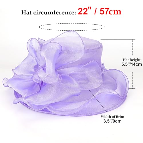 AQOKKA Women Organza Church Fascinators Kentucky Derby Hats for Women and Girls Wedding Flower Tea Party Hat with Wide Brim - color: Organza Big Bow : Purple