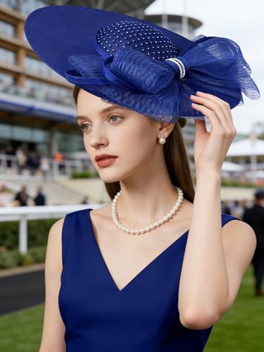 dressfan Wide Brim Fascinator Hats for Women,20s Linen Rhinestones Bow Big Hat for Derby Church Wedding Tea Party - color: Royal Blue