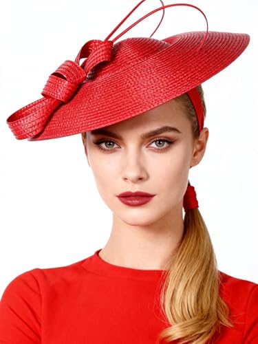 Vintage Fascinators Pillbox Hat for Women Straw Fedora Wide Brim Ladies Church Sinamay Derby Hats - color: Red