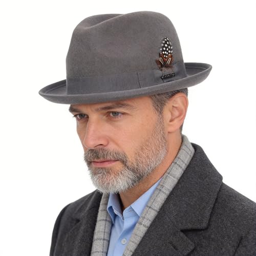 FORBUSITE Wool Felt Wide Brim Fedora Hats for Women Men - color: B5070-lm-grey, size: Large