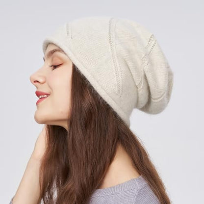 Women's Knitted Angora Wool Hat for Autumn and Winter Warm and Stylish with Rolled Brim and Slanted Rhinestones Cap - color: New-beige