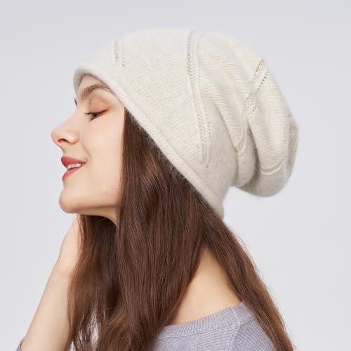 Women's Knitted Angora Wool Hat for Autumn and Winter Warm and Stylish with Rolled Brim and Slanted Rhinestones Cap - color: New-beige