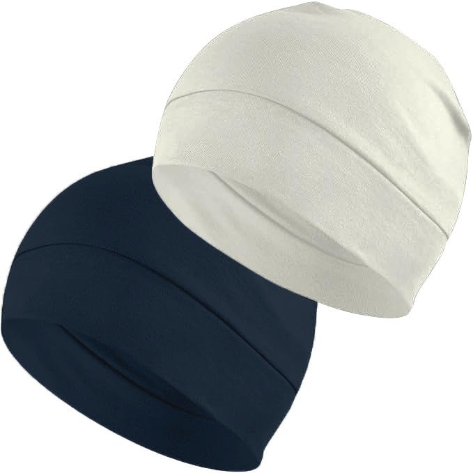 BISMAADH Cotton Skull Caps for Men and Women,2-Pack Lightweight Beanie Sleep Hats Breathable Helmet Liner Biking - color: Blue & White