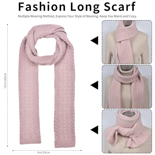 Winter Hat Scarf Gloves Set for Women, Classic Cable Beanie with Removable Pom Pom Long Scarf Touchscreen Gloves 3 in 1 Set - color: Pink