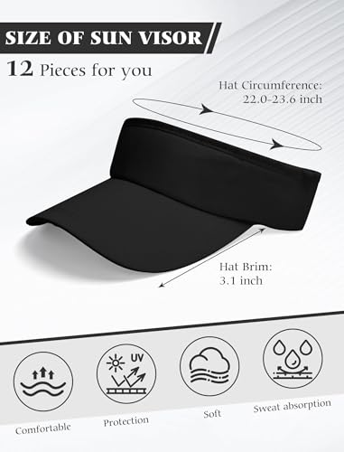 12 Pack Sun Visor Hats Softball Adjustable Cap Sun Protection for Women Men - color: Black
