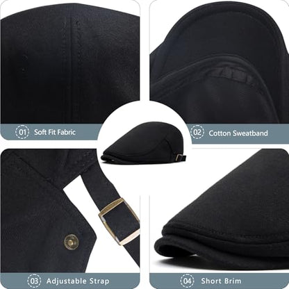 meioro Mens Cotton Newsboy Hat Adjustable Soft Fit Flat Cap for Men - color: Black