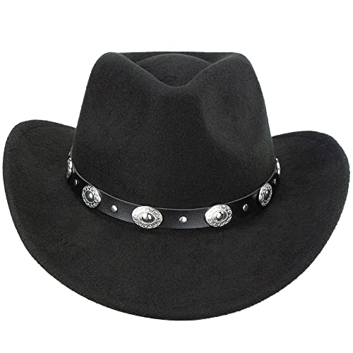 Black Cowboy Cowgirl Hat for Women Men Western Style Wide Brim Felt Fedora Panama Hat with Detachable Belt Buckle - color: Black-style a