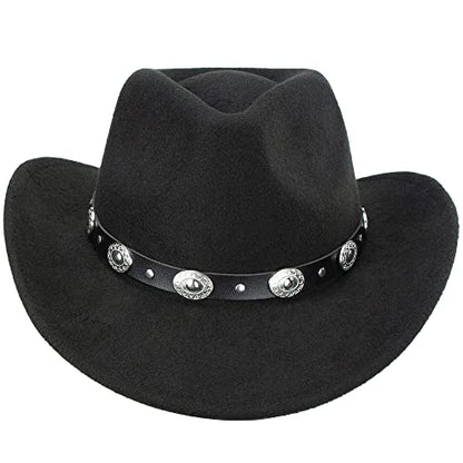 Black Cowboy Cowgirl Hat for Women Men Western Style Wide Brim Felt Fedora Panama Hat with Detachable Belt Buckle - color: Black-style a