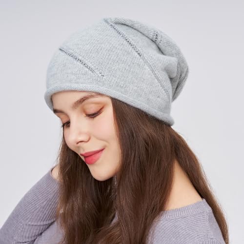 Women's Knitted Angora Wool Hat for Autumn and Winter Warm and Stylish with Rolled Brim and Slanted Rhinestones Cap - color: New-silver