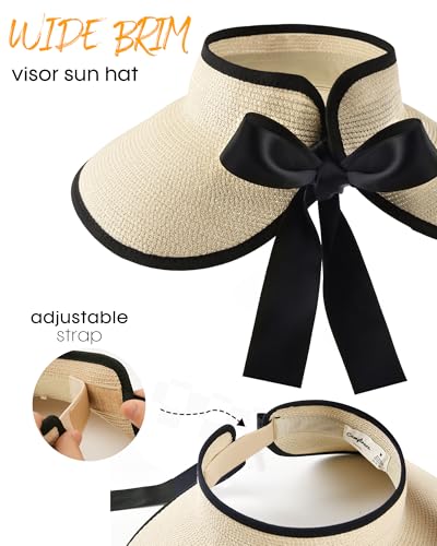 Camptrace Women's Straw Sun Visor Hat UPF Wide Shade Ponytail Summer Hat - color: Beige