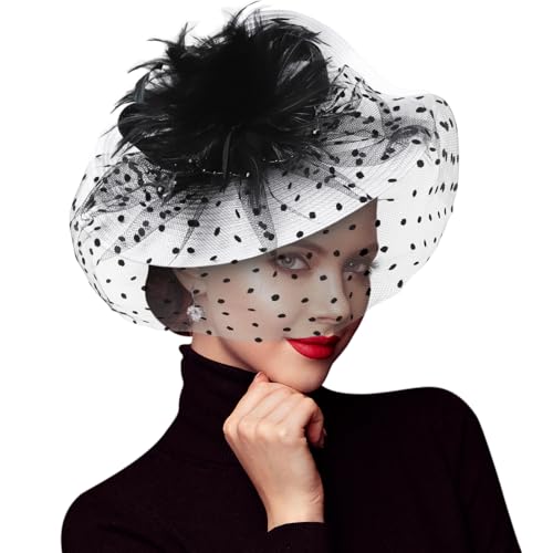 DRESHOW Fascinators Hat Flower Mesh Feathers Hat with a Headband and a Clip 7.9" Tea Party Headwear for Women - color: Folded Style 1: Black & White / 7.9"