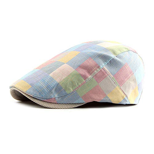 Gudessly Mens Adjustable Colorful Striped Plaid Ivy Newsboy Cabbie Gatsby Golf Cap Flat Cotton Hat Thin Cap - color: 826pink