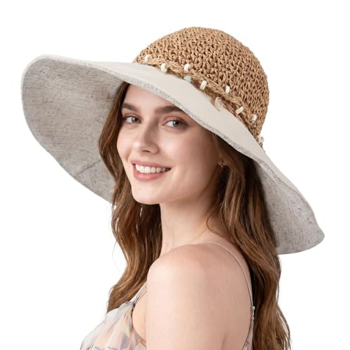 Women’s Packable Sun Hat, Wide Brim Foldable Beach Hat, UPF 50+ UV Protection Travel Summer Hat with Adjustable Fit - color: Beige