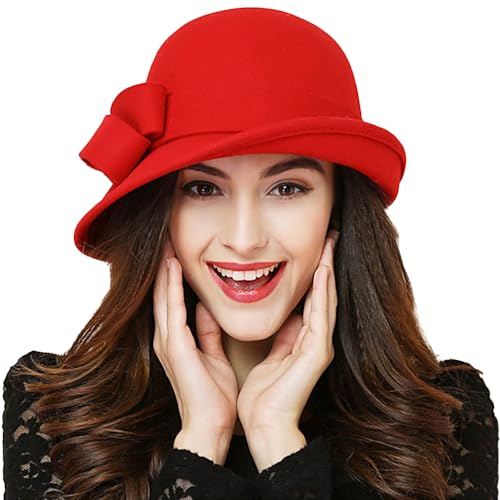 Wool Felt Vintage Winter Warm Hats for Women Bowknot Pillbox Cap Ladies Fascinator Kentucky Party Ceremony Church Fedoras - color: Red